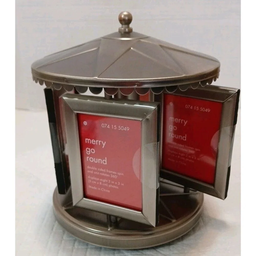 VTG Merry Go Round Double Sided Frame Spin & Unit 360° 2×3 Photos Metal Pewter